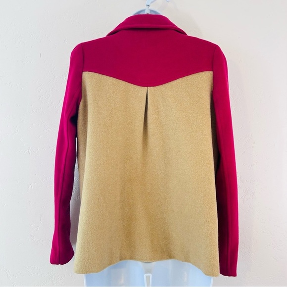 THE CUE by Cher Qu Color Block Pea Coat Size XS 100% Cashmere Wool Magenta Tan - Picture 9 of 12